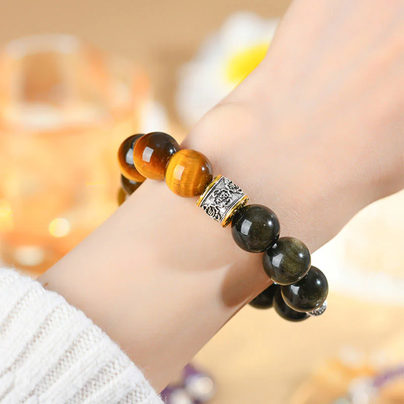 Bracciale Buddha Stones Tiger Eye Oro Lucente Ossidiana Om Mani Padme Hum - Image 11