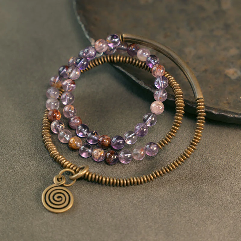 Bracciale Buddha Stones Viola Phantom Rosso Quarzo Ematoide Quarzo Rutilato Verde Rame Amore Perdona