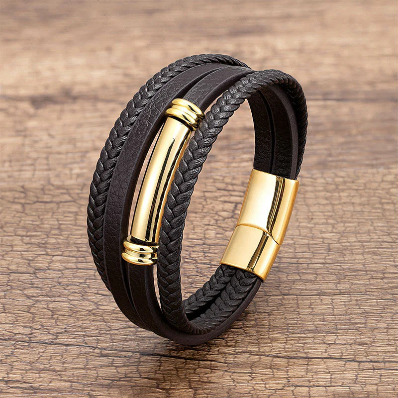 Bracciale con bilanciere in acciaio e titanio in pelle multistrato con design semplice Buddha Stones - Image 5