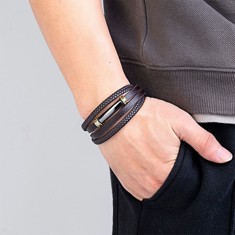 Bracciale con bilanciere in acciaio e titanio in pelle multistrato con design semplice Buddha Stones - Image 8