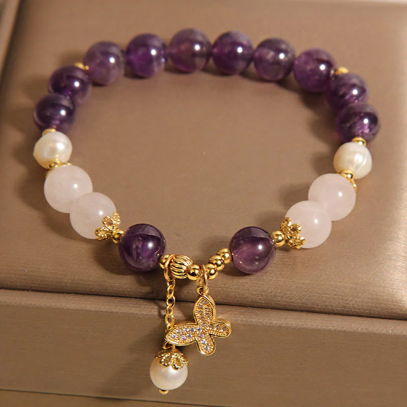 Bracciale con ciondolo a farfalla in cristallo di perla e ametista naturale Buddha Stones - Image 4
