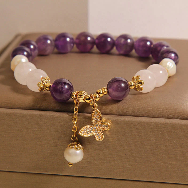 Bracciale con ciondolo a farfalla in cristallo di perla e ametista naturale Buddha Stones - Image 6
