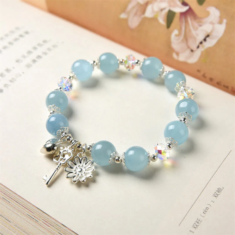 Bracciale con ciondolo a forma di chiave dell'amore con fiore di serenità in argento sterling 925 e acquamarina naturale Buddha Stones - Image 4