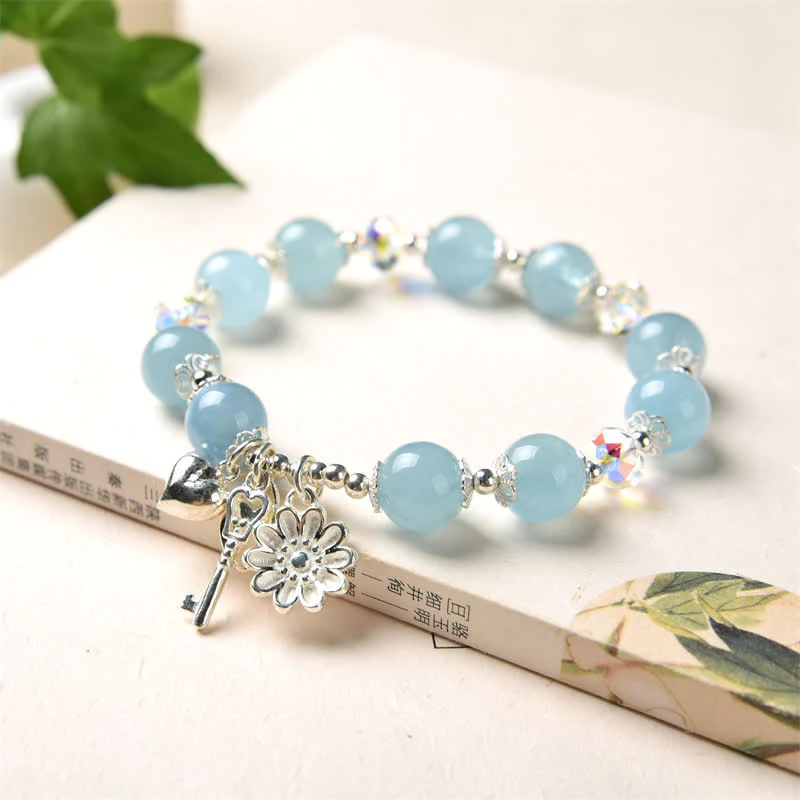 Bracciale con ciondolo a forma di chiave dell'amore con fiore di serenità in argento sterling 925 e acquamarina naturale Buddha Stones - Image 7