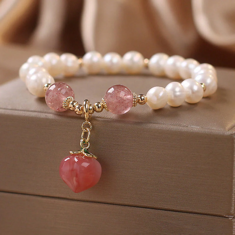 Bracciale con ciondolo a forma di cuore, amore, saggezza, perle naturali, quarzo fragola e pesca Buddha Stones - Image 7