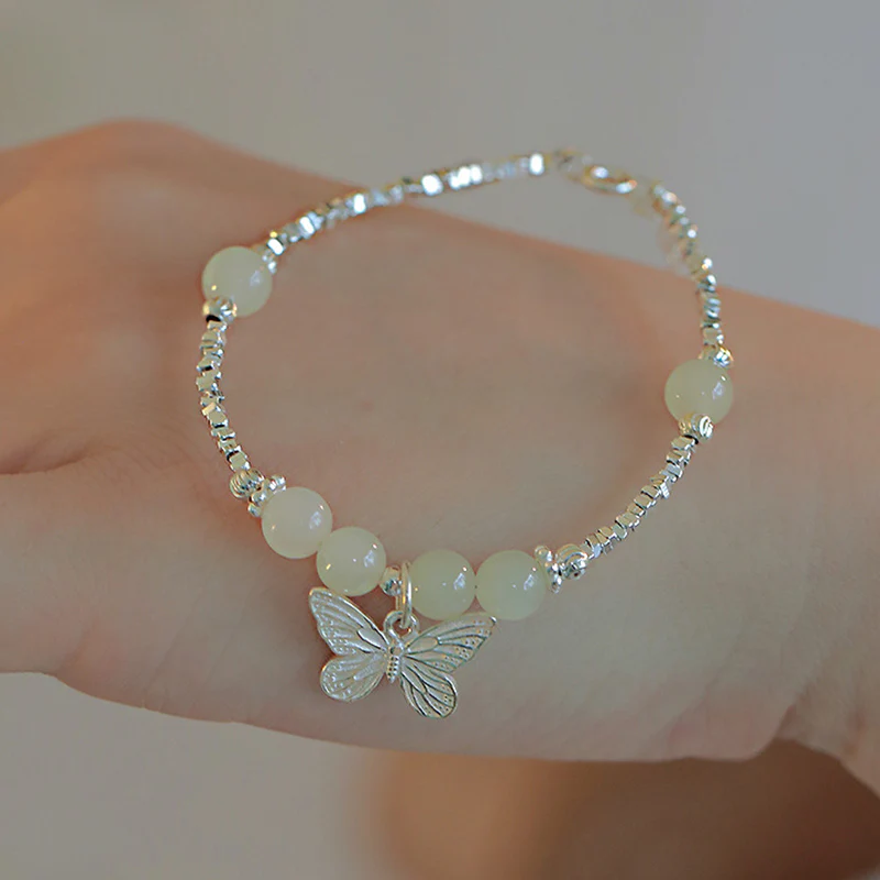 Bracciale con ciondolo a forma di farfalla in giada naturale Hetian in argento sterling 925 Buddha Stones - Image 3
