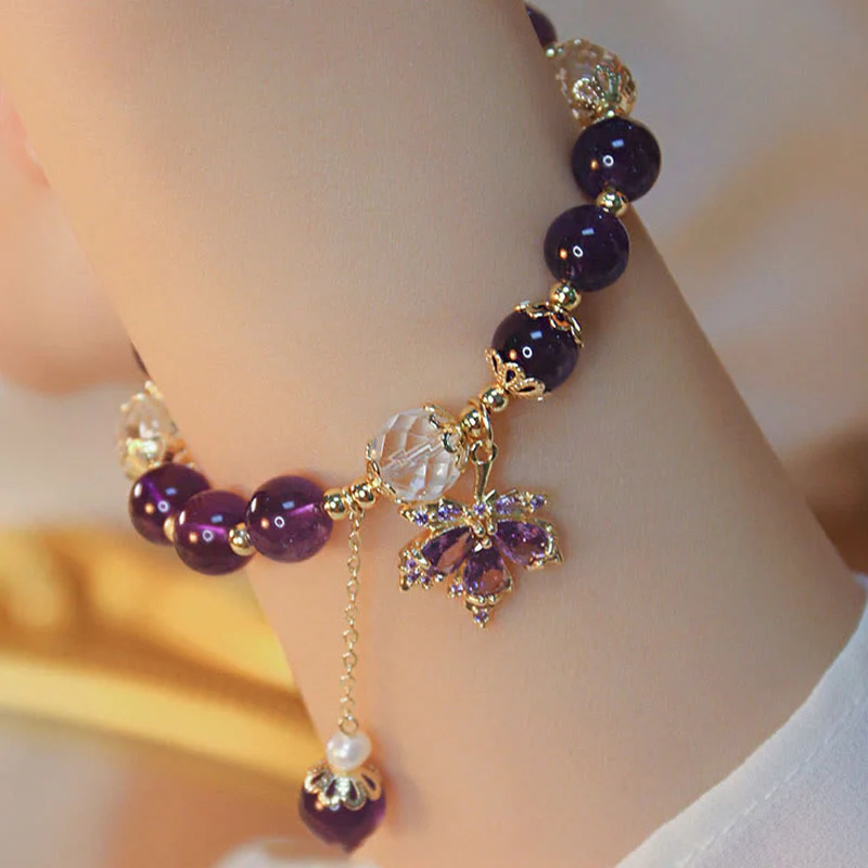 Bracciale con ciondolo a forma di foglia d'acero con ametista naturale placcato oro 14k Buddha Stones - Image 2