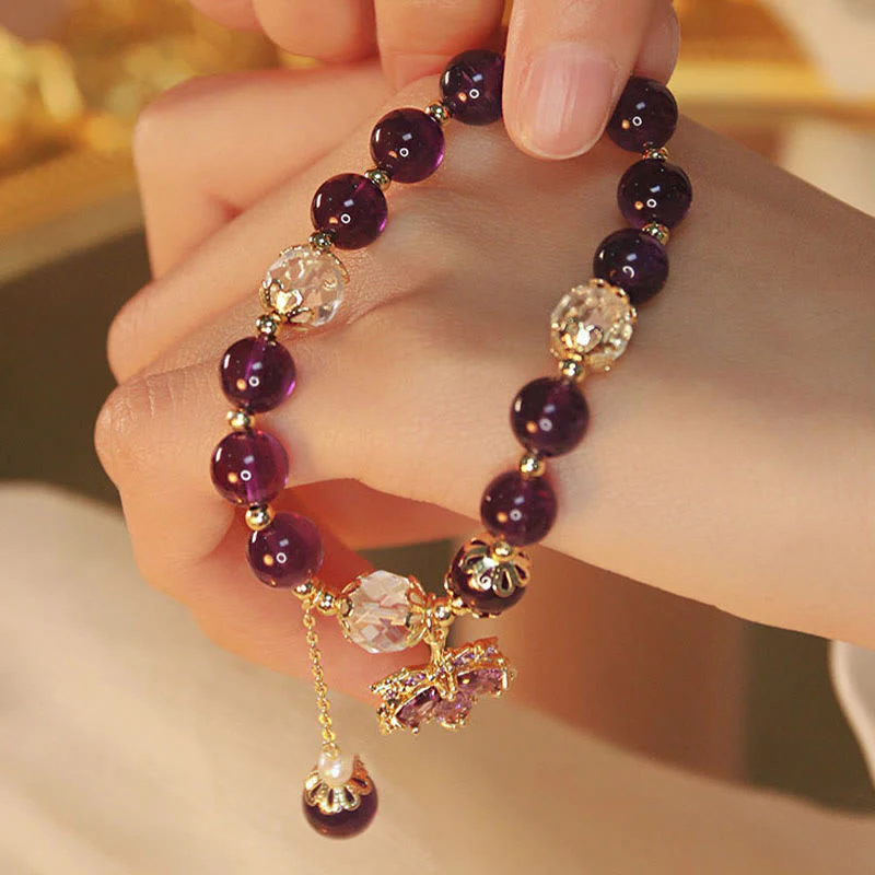 Bracciale con ciondolo a forma di foglia d'acero con ametista naturale placcato oro 14k Buddha Stones - Image 6
