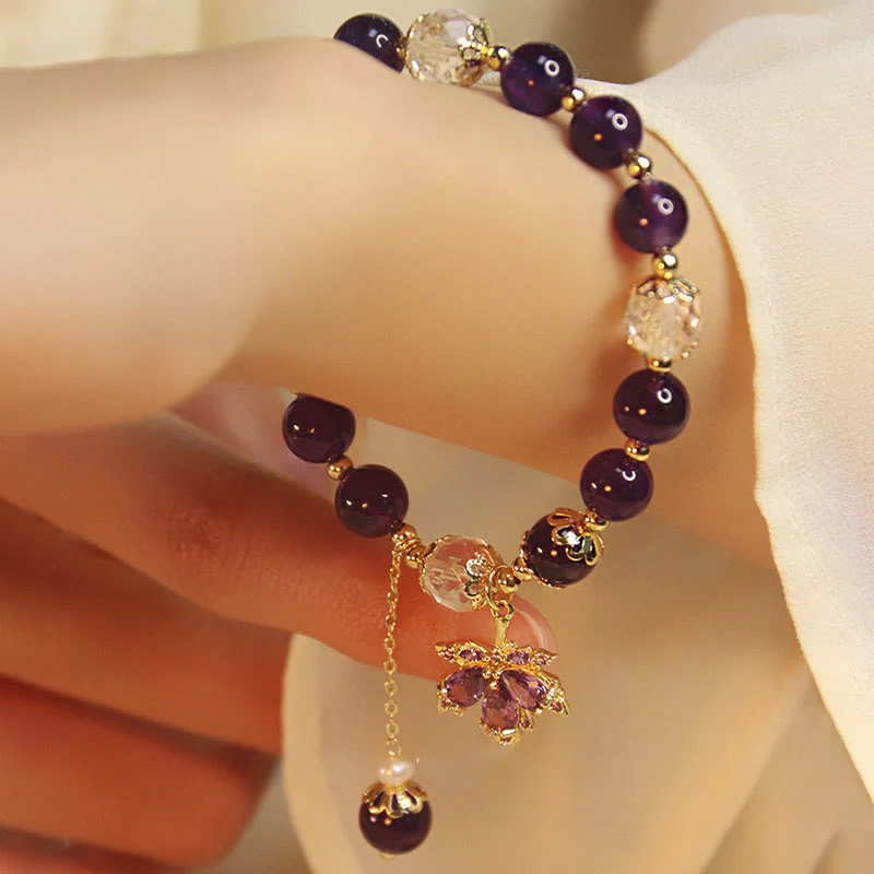 Bracciale con ciondolo a forma di foglia d'acero con ametista naturale placcato oro 14k Buddha Stones - Image 8