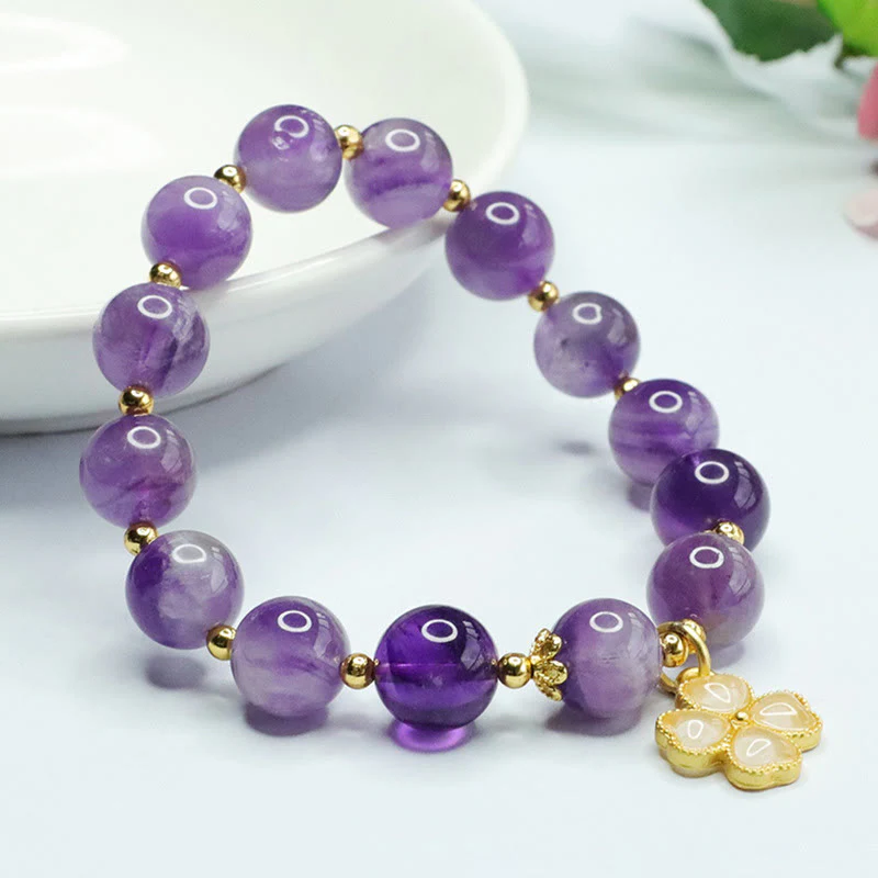Bracciale con ciondolo a forma di quadrifoglio Buddha Stones, cristallo di ametista naturale e pace interiore - Image 2