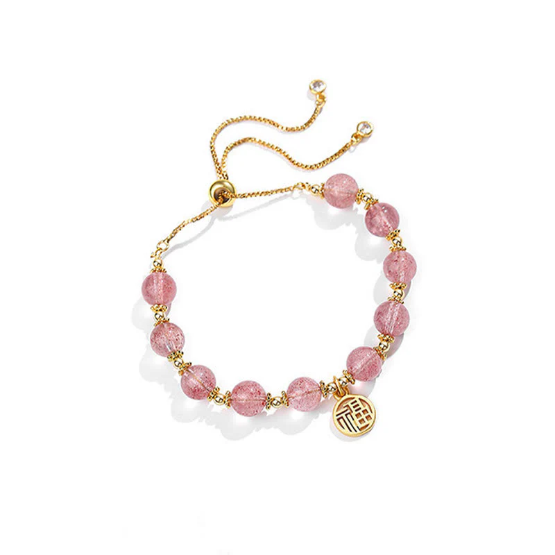 Bracciale con ciondolo positivo Fu Character Buddha Stones placcato oro 14K con quarzo fragola naturale - Image 3