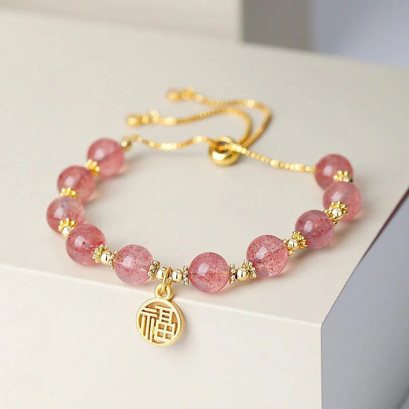Bracciale con ciondolo positivo Fu Character Buddha Stones placcato oro 14K con quarzo fragola naturale - Image 4