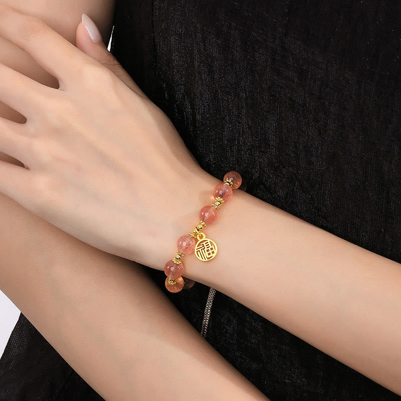 Bracciale con ciondolo positivo Fu Character Buddha Stones placcato oro 14K con quarzo fragola naturale - Image 5