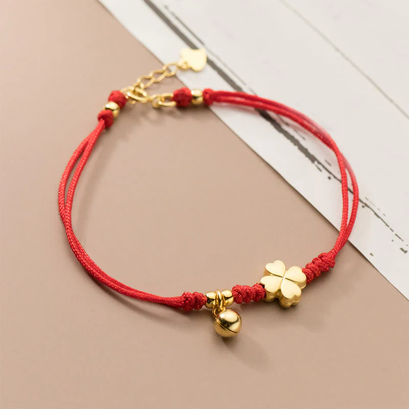 Bracciale con cordino rosso a forma di quadrifoglio placcato oro in argento sterling 925 Buddha Stones