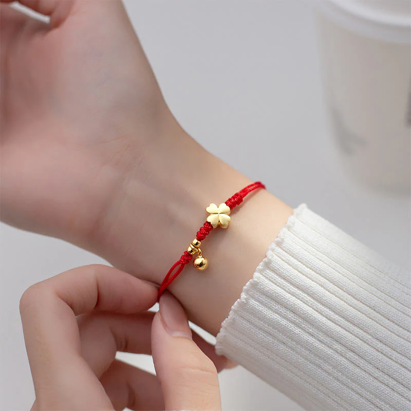 Bracciale con cordino rosso a forma di quadrifoglio placcato oro in argento sterling 925 Buddha Stones - Image 10