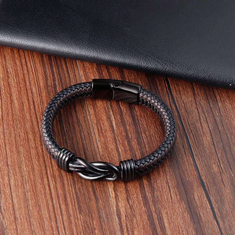 Bracciale con fibbia in pelle e bilanciere in acciaio al titanio con motivo a nodo infinito Buddha Stones - Image 6