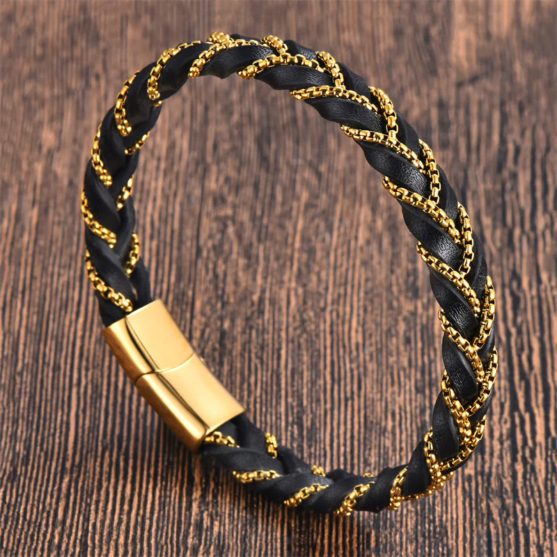 Bracciale con fibbia in pelle intrecciata, design semplice, in acciaio al titanio Buddha Stones