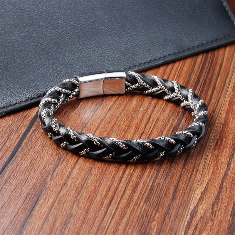 Bracciale con fibbia in pelle intrecciata, design semplice, in acciaio al titanio Buddha Stones - Image 10