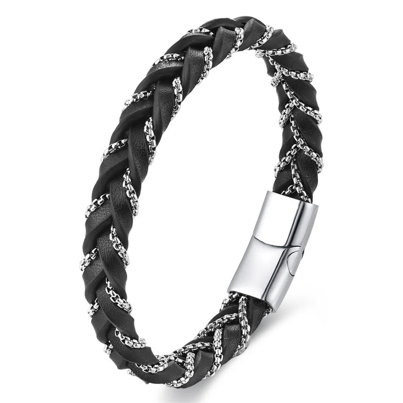 Bracciale con fibbia in pelle intrecciata, design semplice, in acciaio al titanio Buddha Stones - Image 11