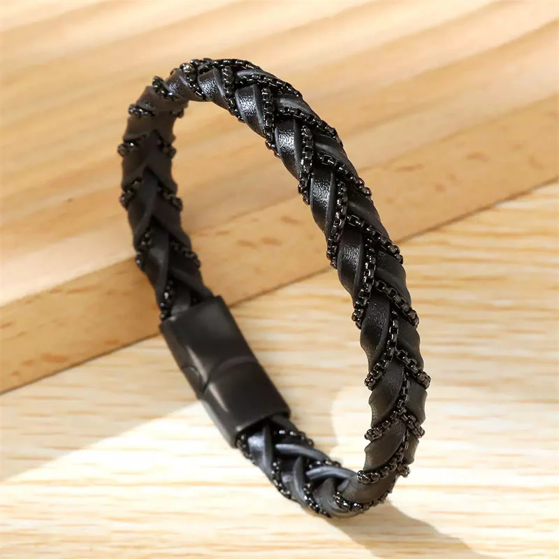 Bracciale con fibbia in pelle intrecciata, design semplice, in acciaio al titanio Buddha Stones - Image 12