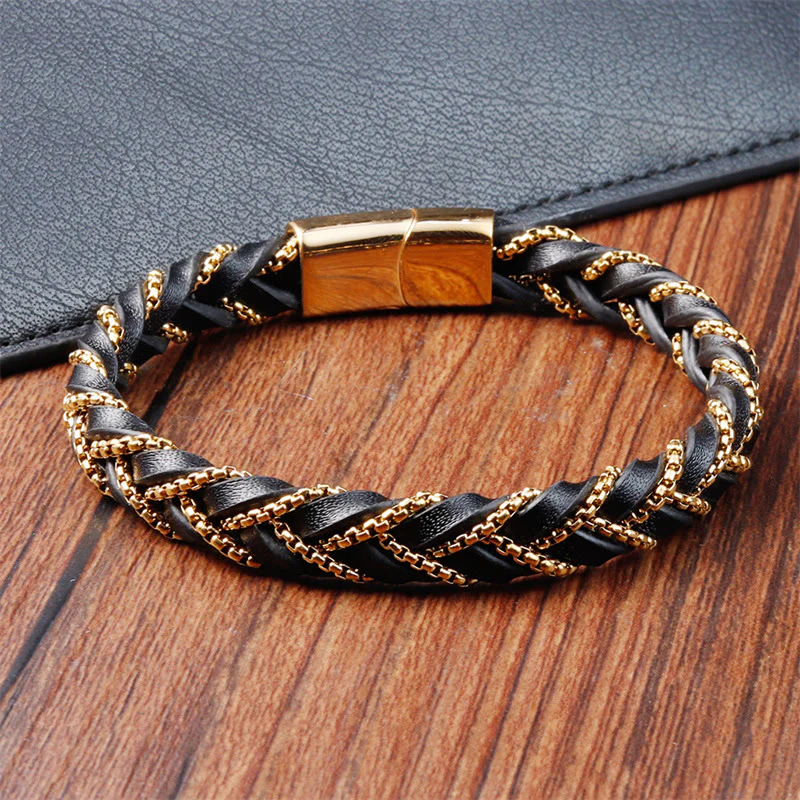 Bracciale con fibbia in pelle intrecciata, design semplice, in acciaio al titanio Buddha Stones - Image 2
