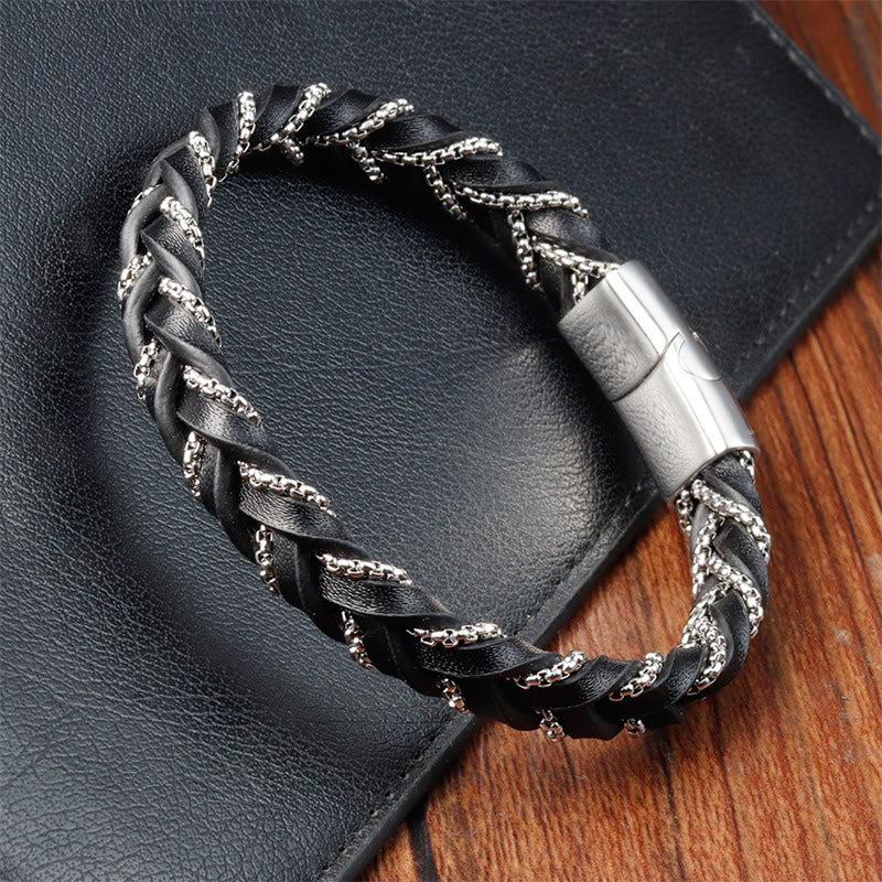 Bracciale con fibbia in pelle intrecciata, design semplice, in acciaio al titanio Buddha Stones - Image 9