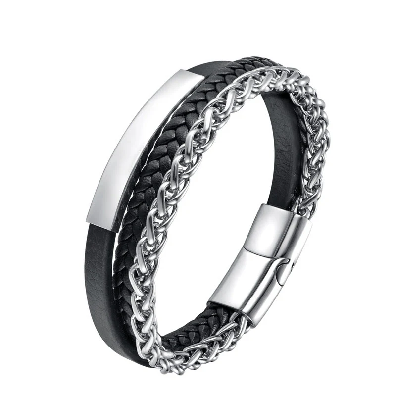 Bracciale con fibbia in pelle multistrato con stimolazione in acciaio al titanio e motivo intrecciato Buddha Stones - Image 10