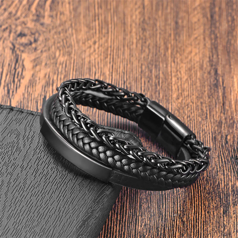 Bracciale con fibbia in pelle multistrato con stimolazione in acciaio al titanio e motivo intrecciato Buddha Stones - Image 3