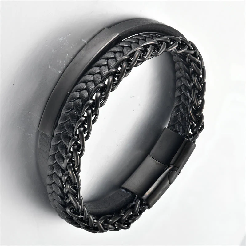 Bracciale con fibbia in pelle multistrato con stimolazione in acciaio al titanio e motivo intrecciato Buddha Stones - Image 4