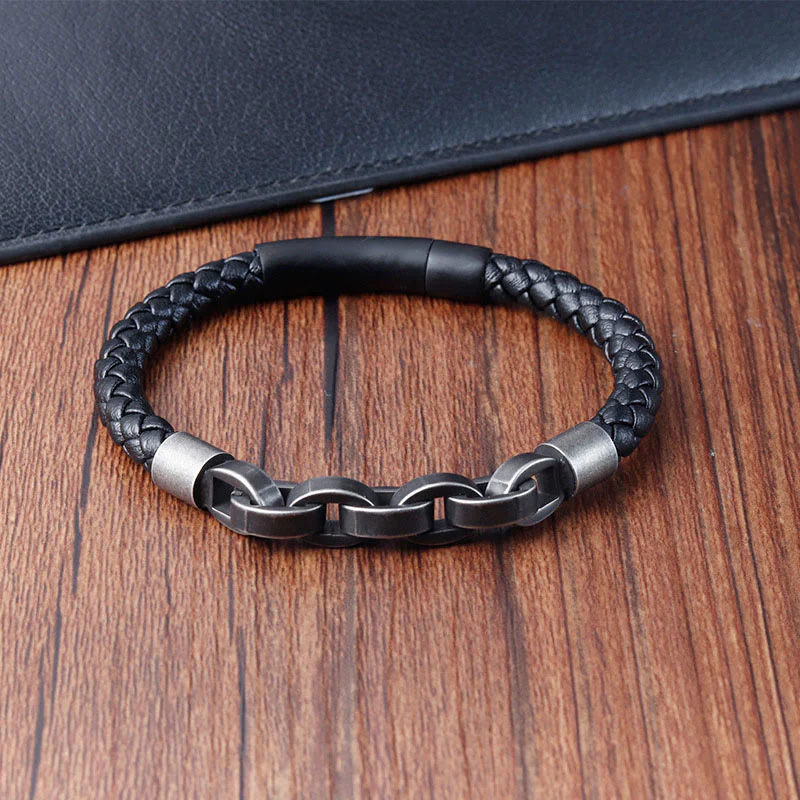 Bracciale con fibbia intrecciata in pelle e acciaio al titanio con design a catena Buddha Stones - Image 11