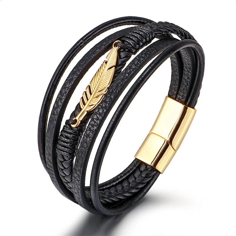 Bracciale con fibbia magnetica intrecciata in acciaio al titanio e pelle multistrato con motivo a piume Buddha Stones