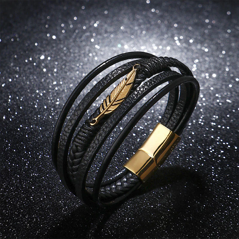 Bracciale con fibbia magnetica intrecciata in acciaio al titanio e pelle multistrato con motivo a piume Buddha Stones - Image 4