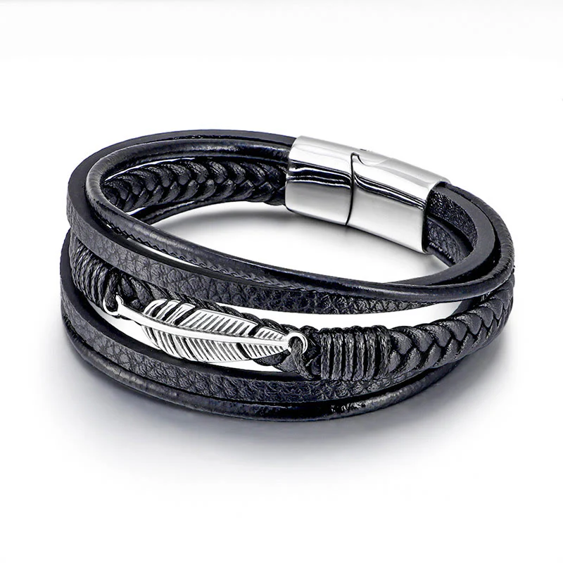 Bracciale con fibbia magnetica intrecciata in acciaio al titanio e pelle multistrato con motivo a piume Buddha Stones - Image 6