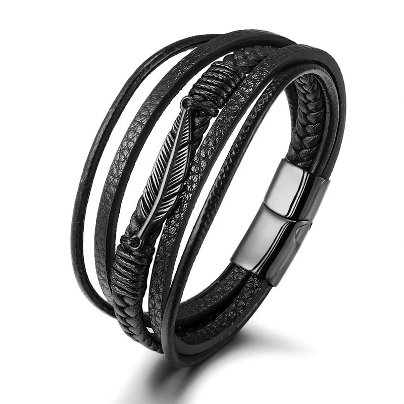 Bracciale con fibbia magnetica intrecciata in acciaio al titanio e pelle multistrato con motivo a piume Buddha Stones - Image 9