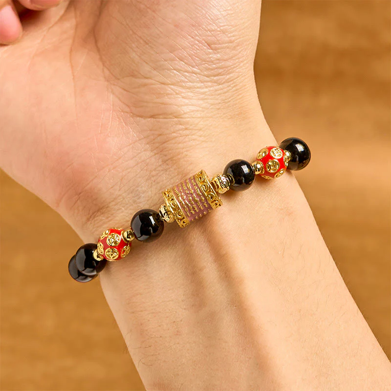 Bracciale della fortuna con cinque monete di rame e onice nero naturale di Buddha Stones - Image 3