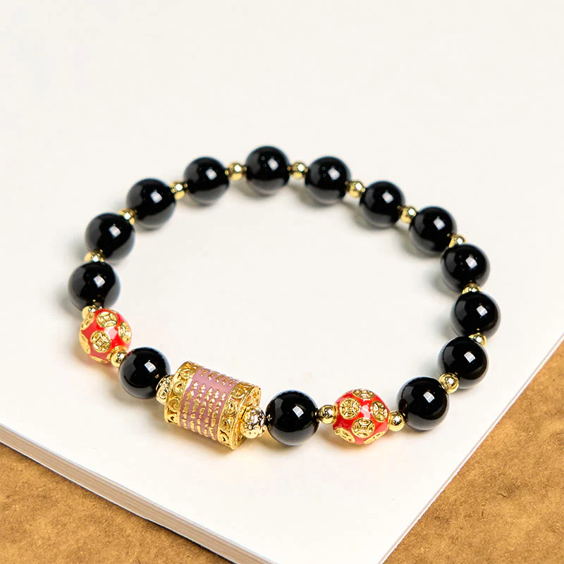 Bracciale della fortuna con cinque monete di rame e onice nero naturale di Buddha Stones - Image 4