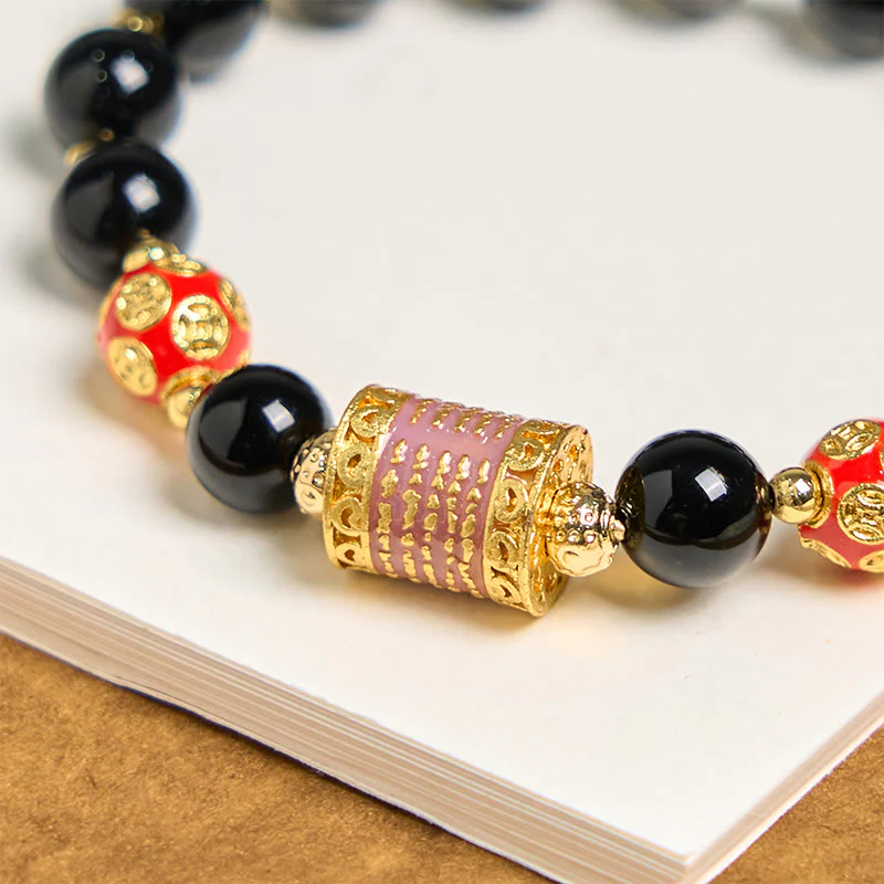 Bracciale della fortuna con cinque monete di rame e onice nero naturale di Buddha Stones - Image 5