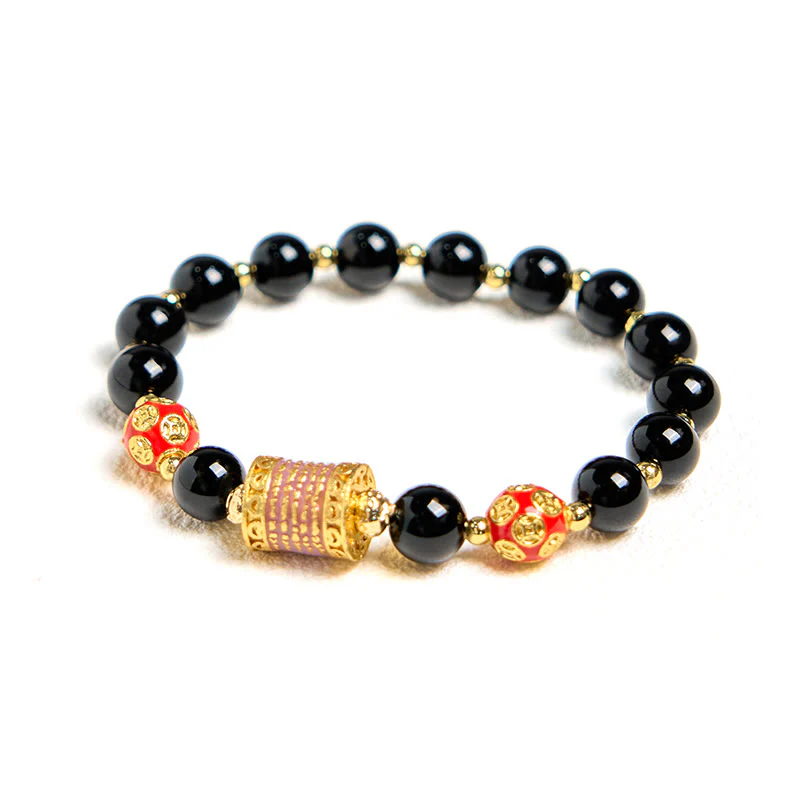 Bracciale della fortuna con cinque monete di rame e onice nero naturale di Buddha Stones - Image 7