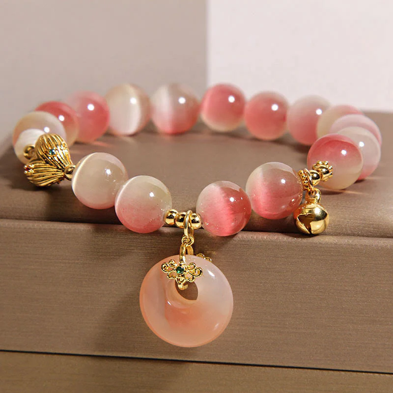 Bracciale della pace in agata Yanyuan con occhio di gatto rosa sfumato e fibbia naturale della pace Buddha Stones - Image 2