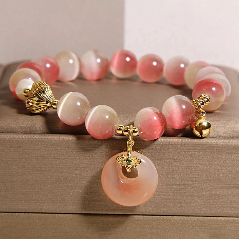 Bracciale della pace in agata Yanyuan con occhio di gatto rosa sfumato e fibbia naturale della pace Buddha Stones - Image 3