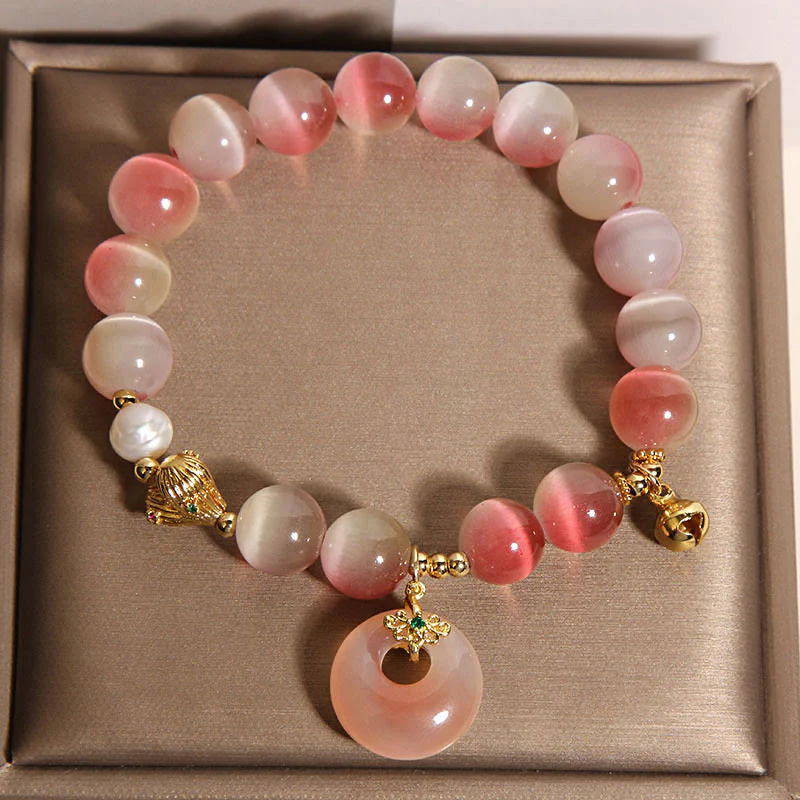 Bracciale della pace in agata Yanyuan con occhio di gatto rosa sfumato e fibbia naturale della pace Buddha Stones - Image 4