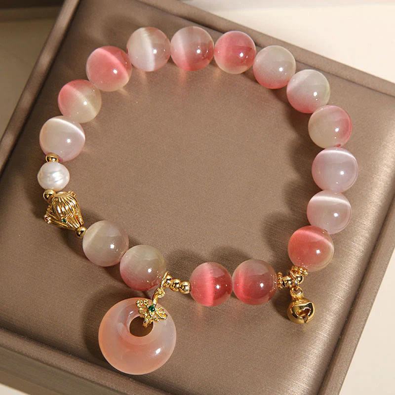 Bracciale della pace in agata Yanyuan con occhio di gatto rosa sfumato e fibbia naturale della pace Buddha Stones - Image 5