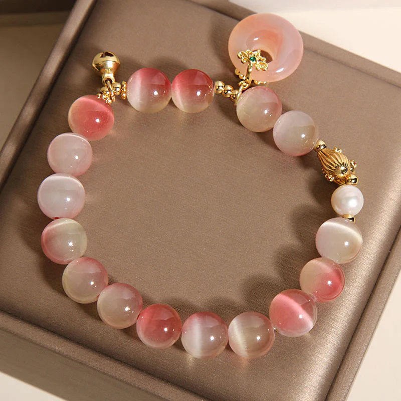 Bracciale della pace in agata Yanyuan con occhio di gatto rosa sfumato e fibbia naturale della pace Buddha Stones - Image 6