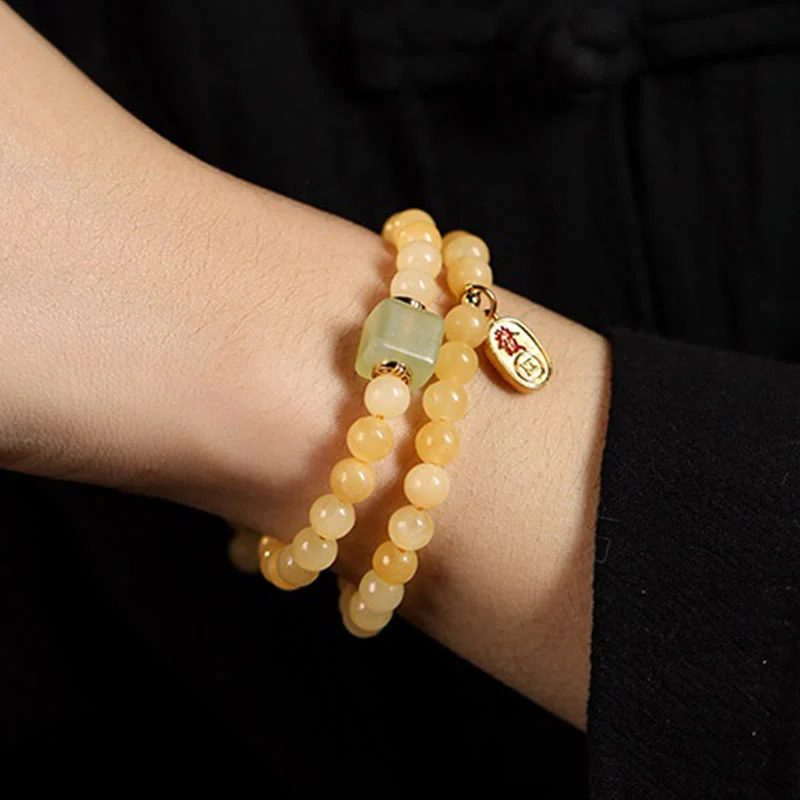Bracciale della ricchezza con doppio cerchio, Buddha Stones di topazio e cubo di giada - Image 4