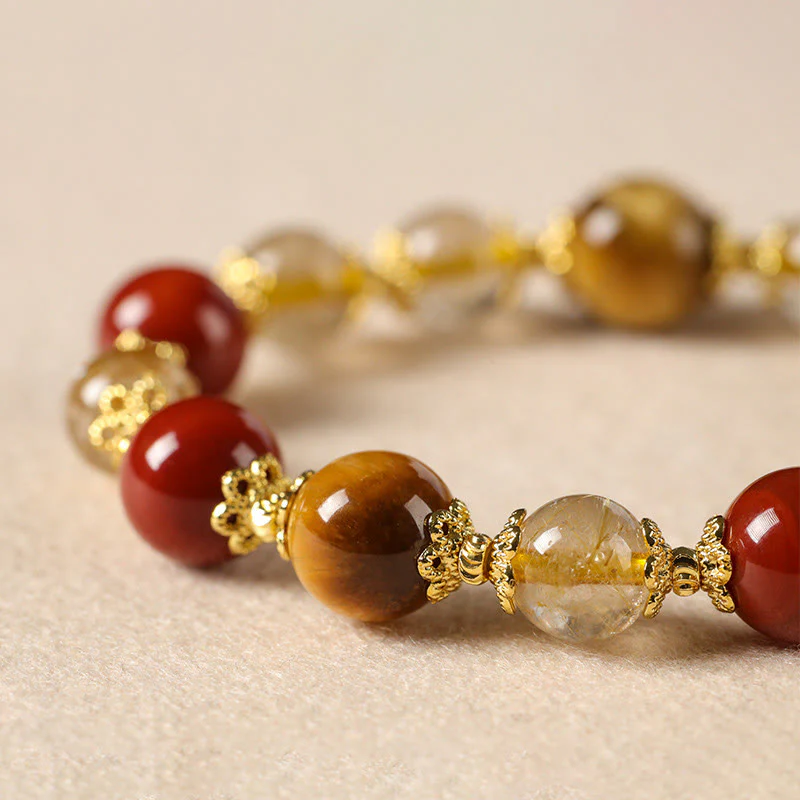 Bracciale della ricchezza con perle di occhio di tigre, quarzo rutilato dorato naturale Buddha Stones - Image 11