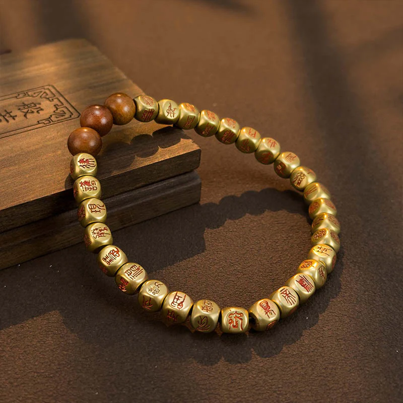 Bracciale della ricchezza con perline di legno di giuggiola colpite da fulmini, Buddha Stones , rame e ottone