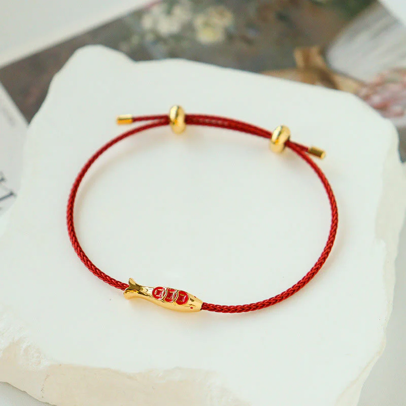 Bracciale della ricchezza in corda rossa con pesce koi in ottone e Buddha Stones - Image 2