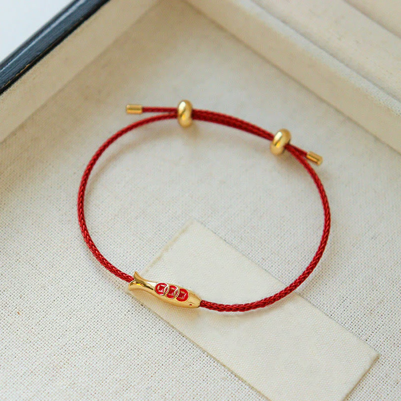 Bracciale della ricchezza in corda rossa con pesce koi in ottone e Buddha Stones - Image 3