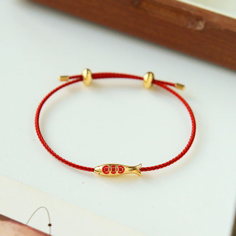 Bracciale della ricchezza in corda rossa con pesce koi in ottone e Buddha Stones - Image 4