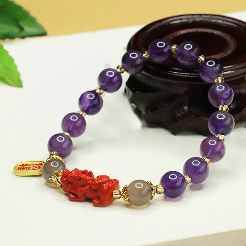 Bracciale dell'equilibrio del carattere Pi Xiu Fu Buddha Stones, ametista naturale e cinabro - Image 4